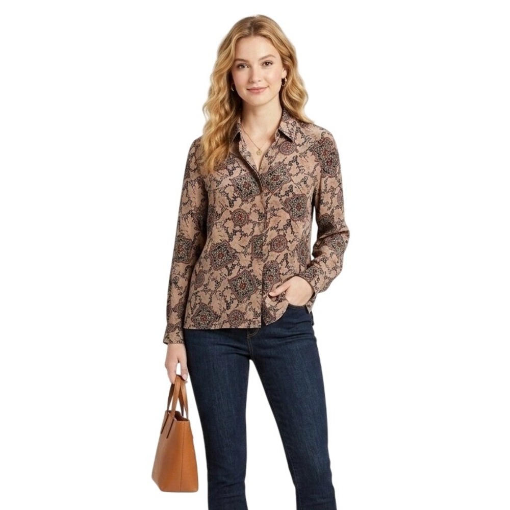 Talbots Women's Brown Pure Silk Collared Floral Paisley Print Button Front Shirt